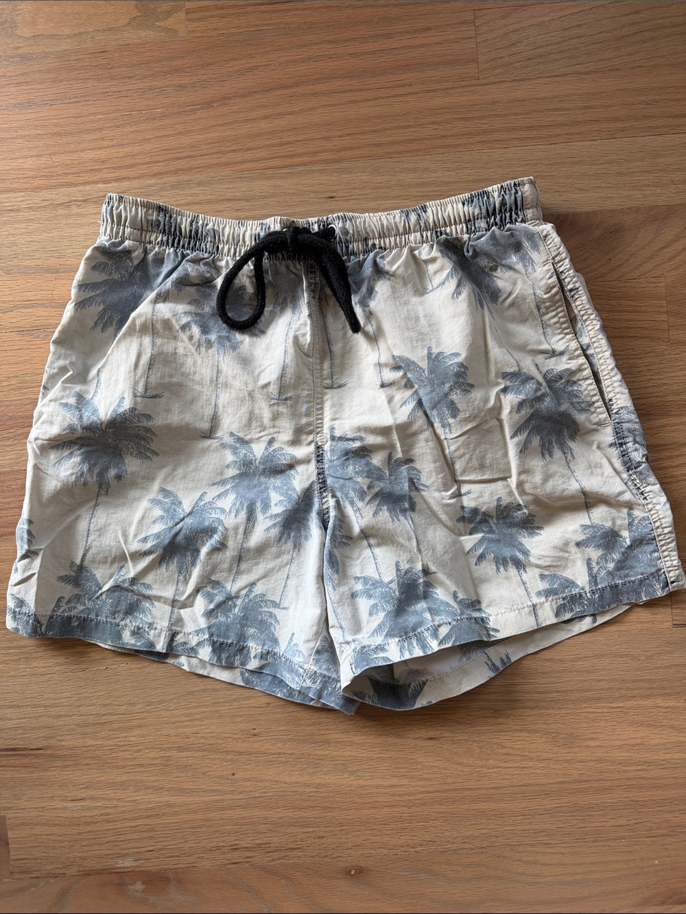 Zara Men’s Palm Tree Print Shorts Beige Blue Elastic Waist Drawstring